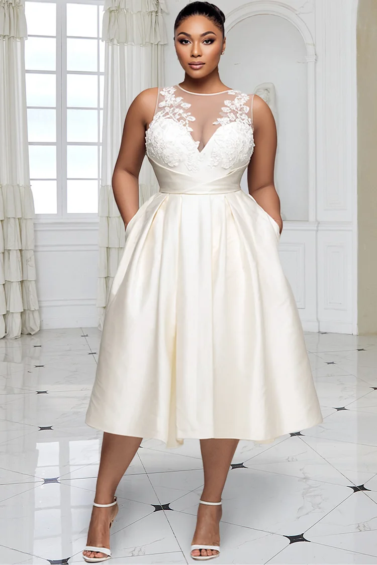 Xpluswear Design Plus Size Wedding Guest Satin White V Neck Pocket See Through Lace Midi Dresses [Pre-Order] 2024 - Xpluswear