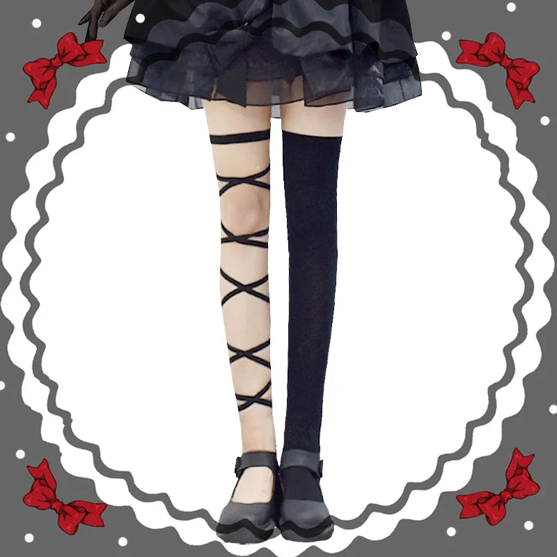 Gothic Lolita Cross Asymmetrical Strap Tight Knee Socks SP17139