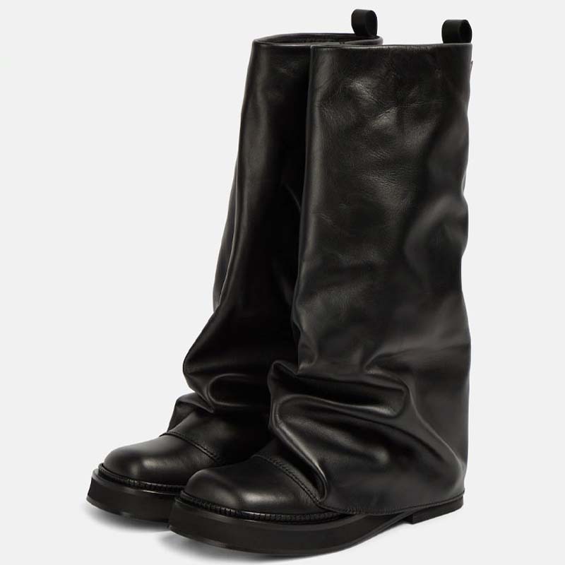 GOOSHOE Thick Sole Loose Upper Shoes Leather Flat Heels Square Toe Slouchy Long Boots Wide Fit Knee High Booties