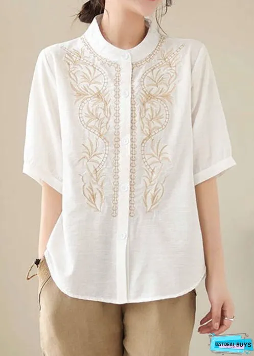 White Solid Patchwork Cotton Blouses Stand Collar Summer