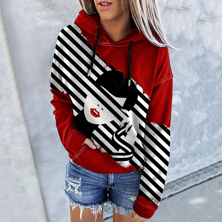 Wearshes Striped Portrait Print Long Sleeve Hoodie