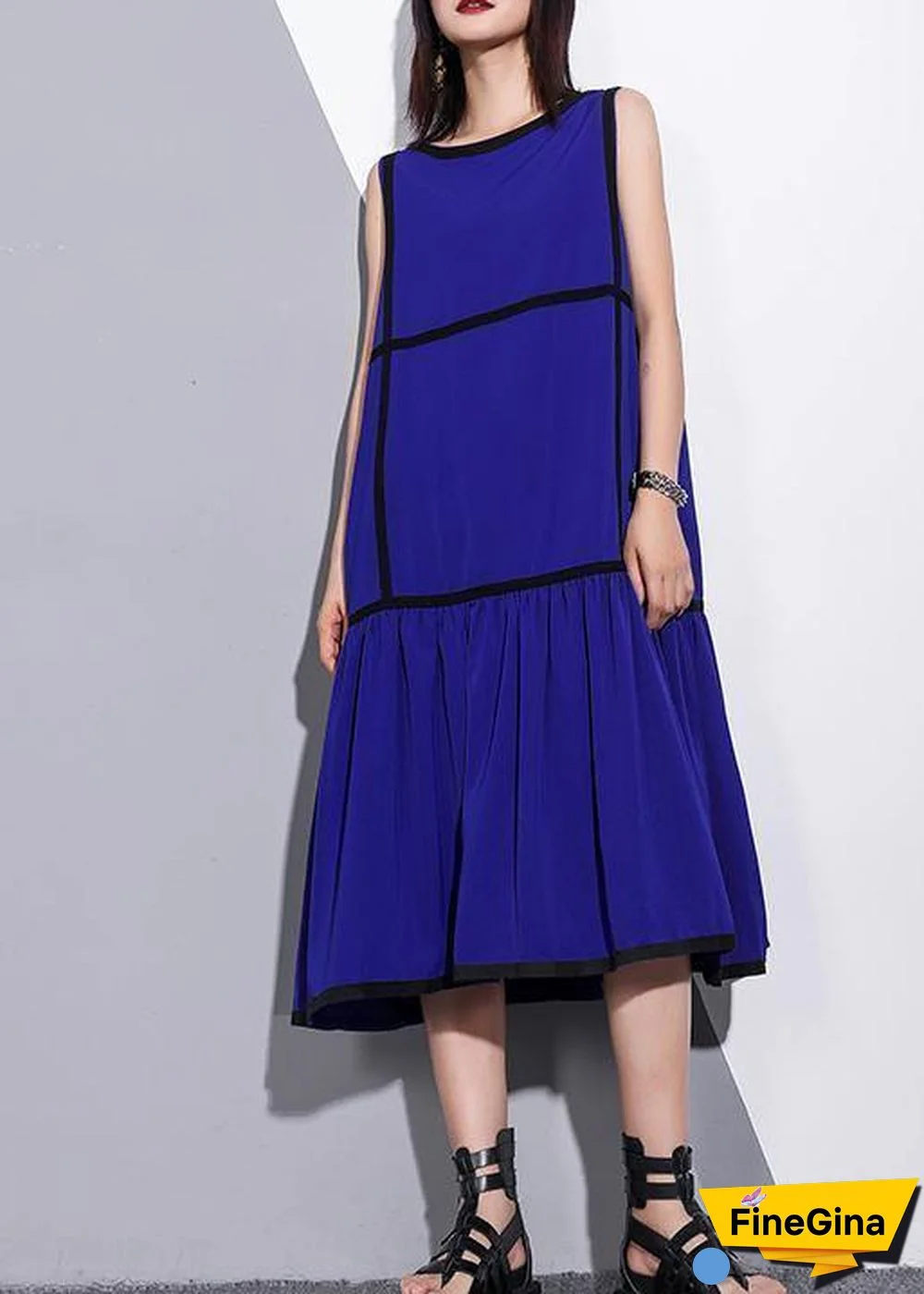 Unique sleeveless patchwork chiffon clothes For Women fine Life blue Dress Summer