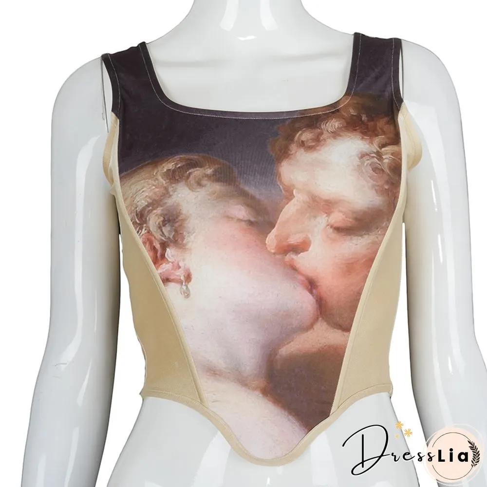 Fashion Aesthetic Print Crop Tops For Women sleeveless corset vest top cropped feminino