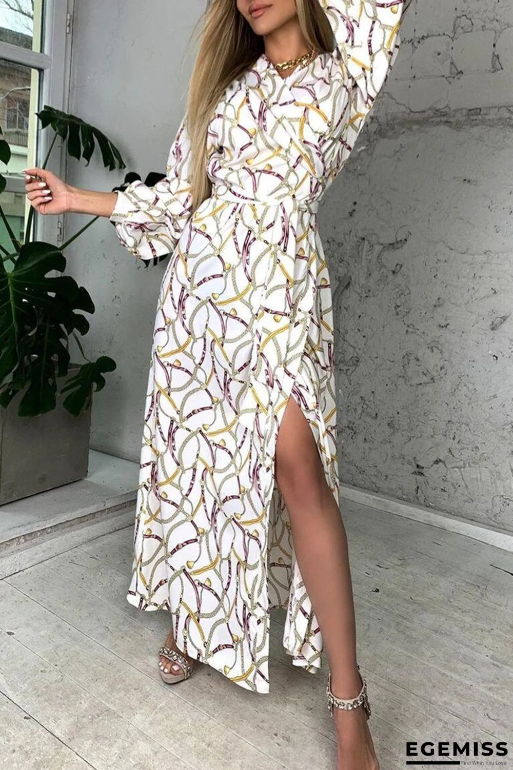 White Fashion Casual Print Slit V Neck Long Sleeve Dresses | EGEMISS