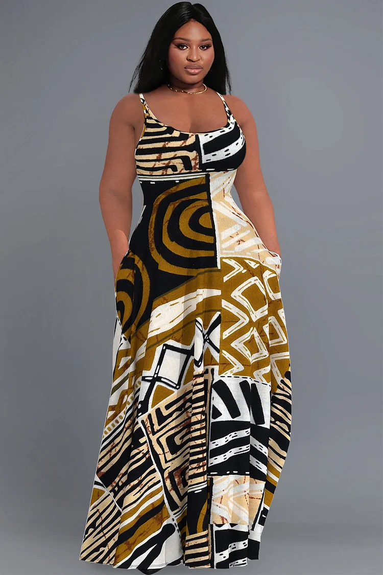 Xpluswear Design Plus Size Yellow All Over Print U Neck Sleeveless Sundress Pocket Maxi Dress