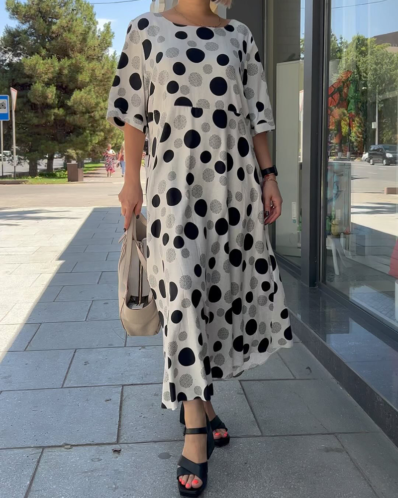Tie Neck Long Sleeve Polka Dot Dress
