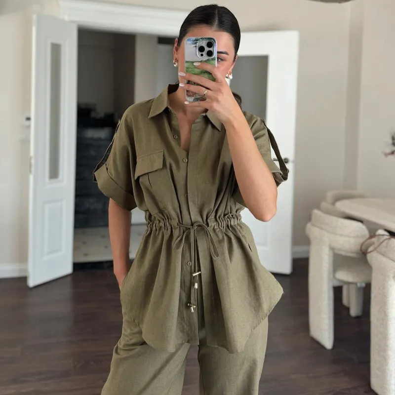 Women's Short Sleeve Drawstring Waist Shirt Top Wide Leg Pants Casual Matching Set