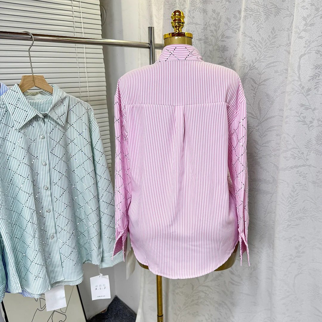 Nigikala Nigikala Women's Dress French Elegant Hot Diamond Diamond Diamond Linge Casual Thin Long-Sleeved Collar Shirt Shirt