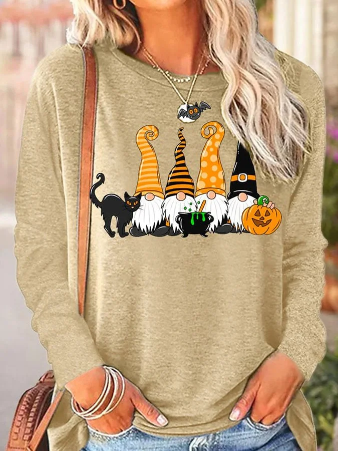 Women's Halloween Dwarf Black Cat Print T-Shirt