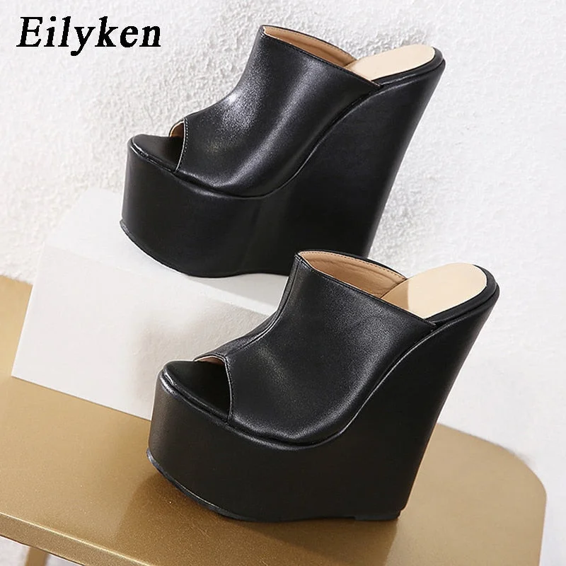Eilyken 2022 New Platform Wedge Peep Toe Slippers Black Summer Shoes Woman Sexy Super High Sandal Slippers Black 35-42 Mules