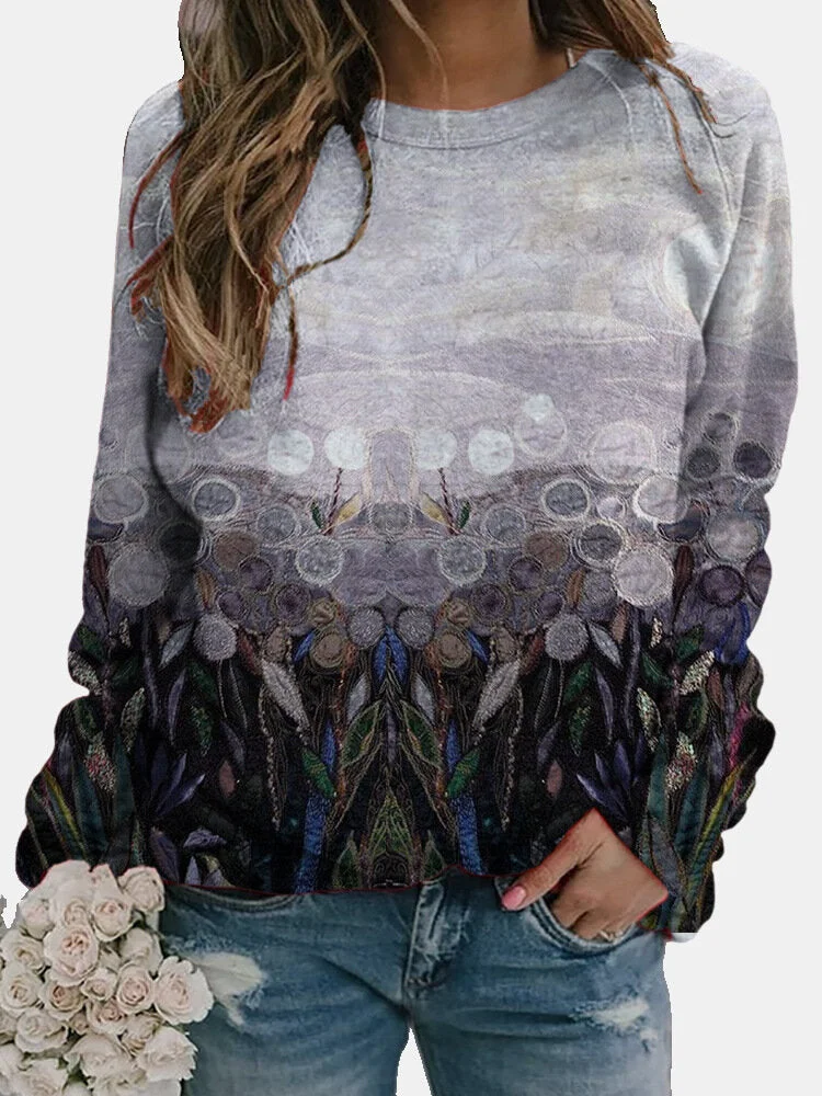 Uveng Landscape Flower Floral Print Long Sleeve Sweaters