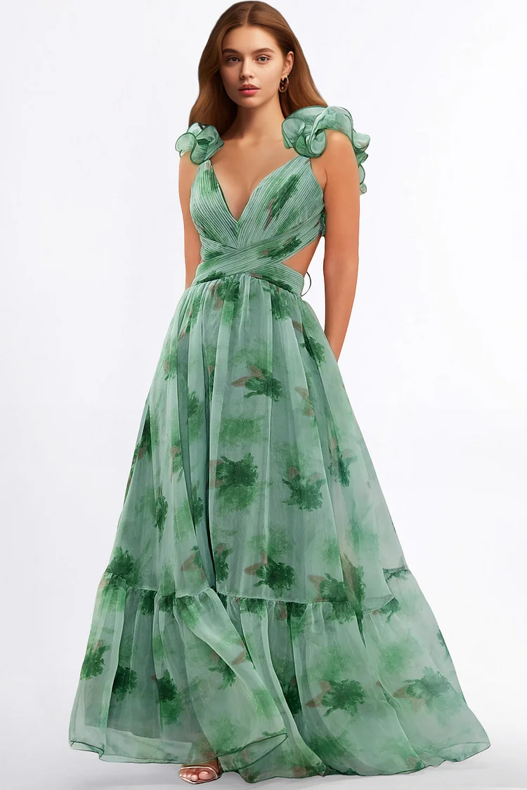 Zaruci Prom Green Chiffon Floral Print Cut Out Maxi Dress [Pre-Order]