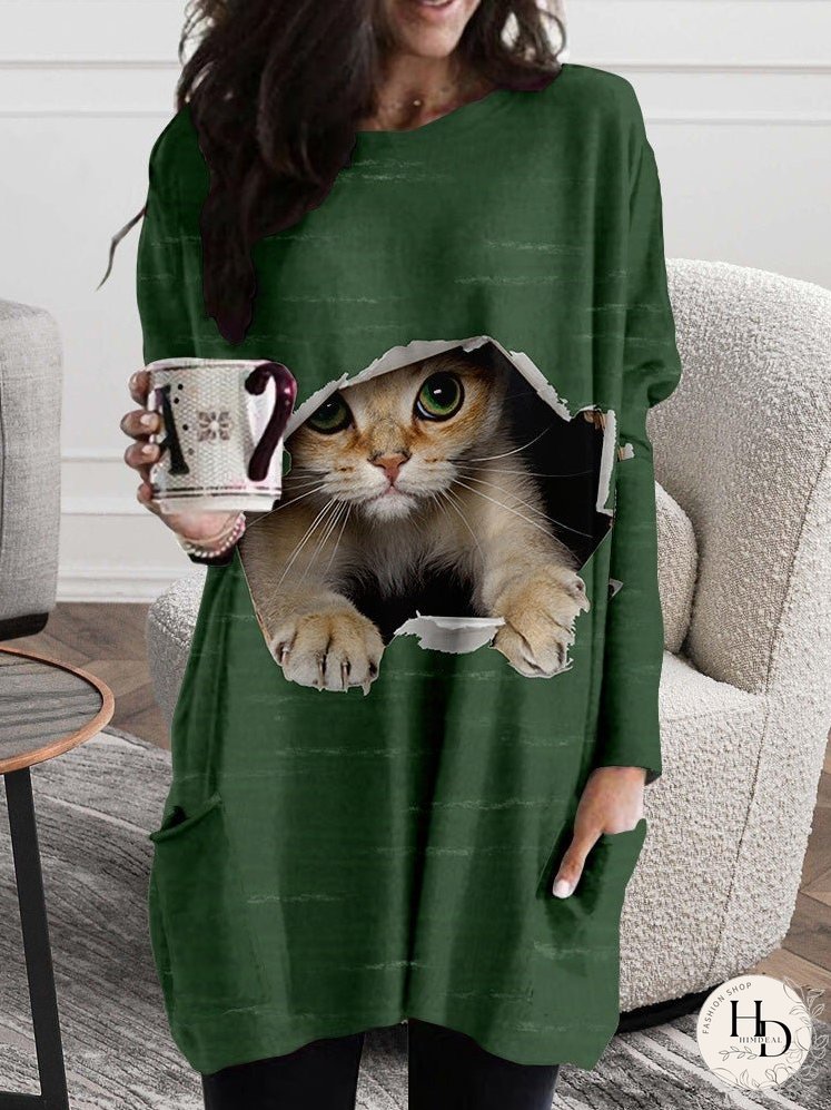 Dresses Cat Ripped Pocket Long Sleeve Dress for Women
