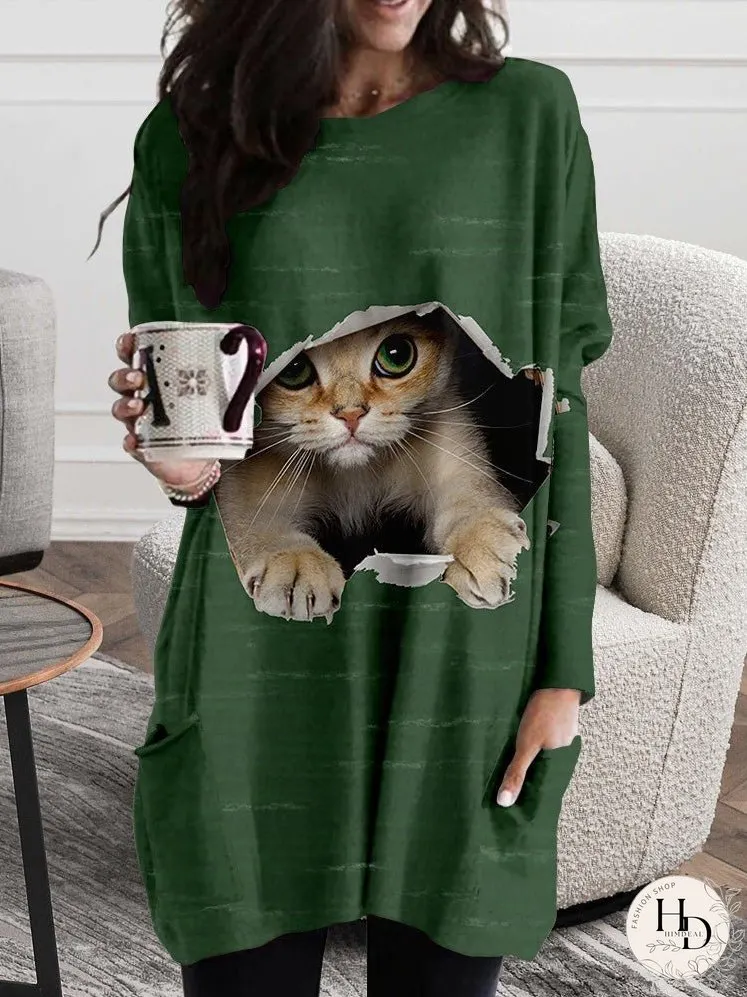 Dresses Cat Ripped Pocket Long Sleeve Dress for Women