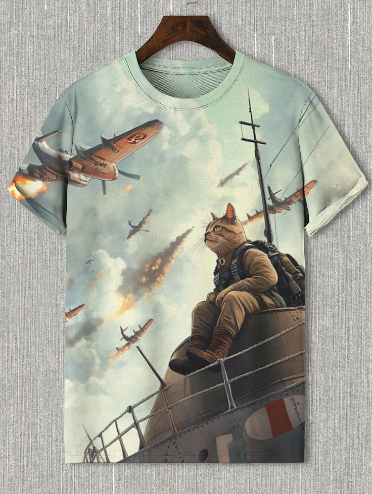 Men's Soldier Cat War Art Print T-Shirt
