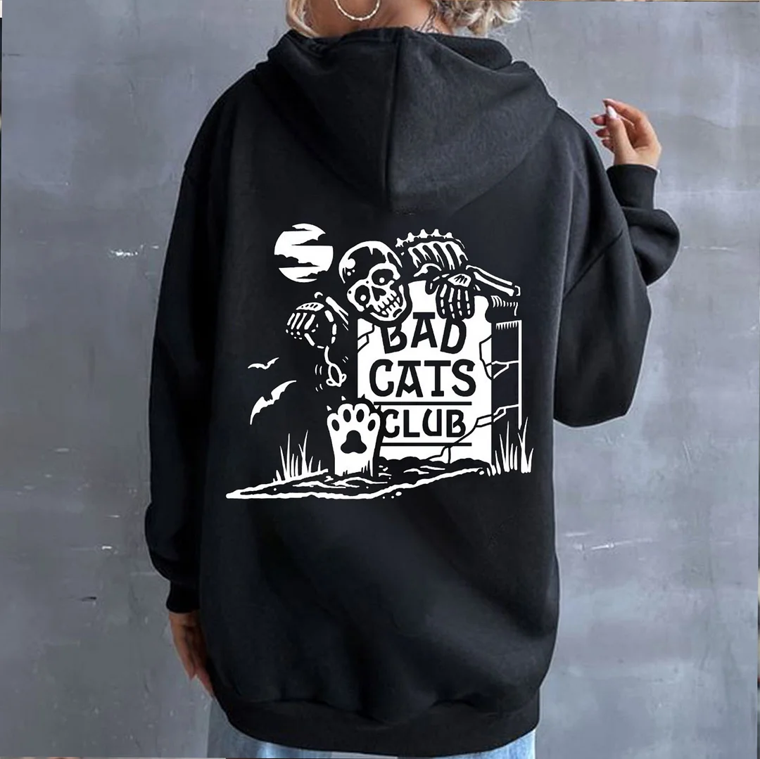 BAD CATS CLUB Skull in the Cemetery Graphic  Black Print Hoodie