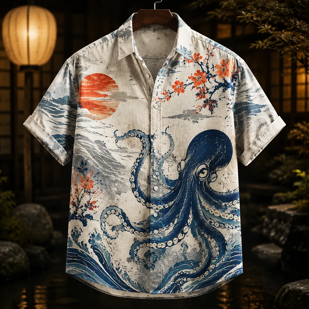 Men's Japanese Vintage Red Sun, Cherry Blossom & Blue Octopus Short-sleeve Shirt  artssus