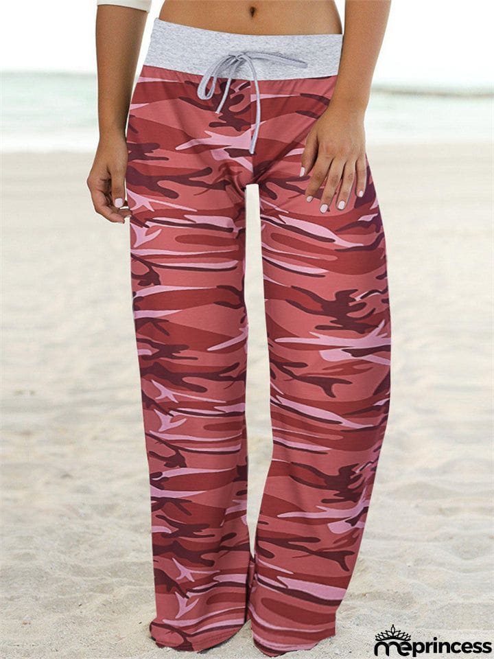 Comfortable Camouflage Print Drawstring Wide-Leg Pants