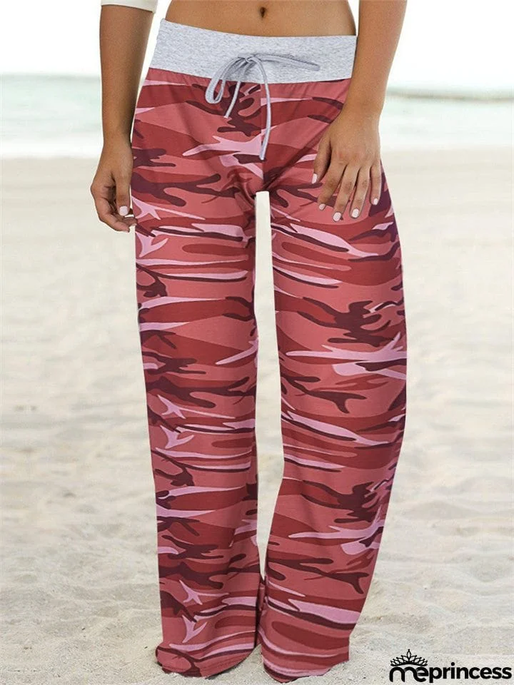 Comfortable Camouflage Print Drawstring Wide-Leg Pants