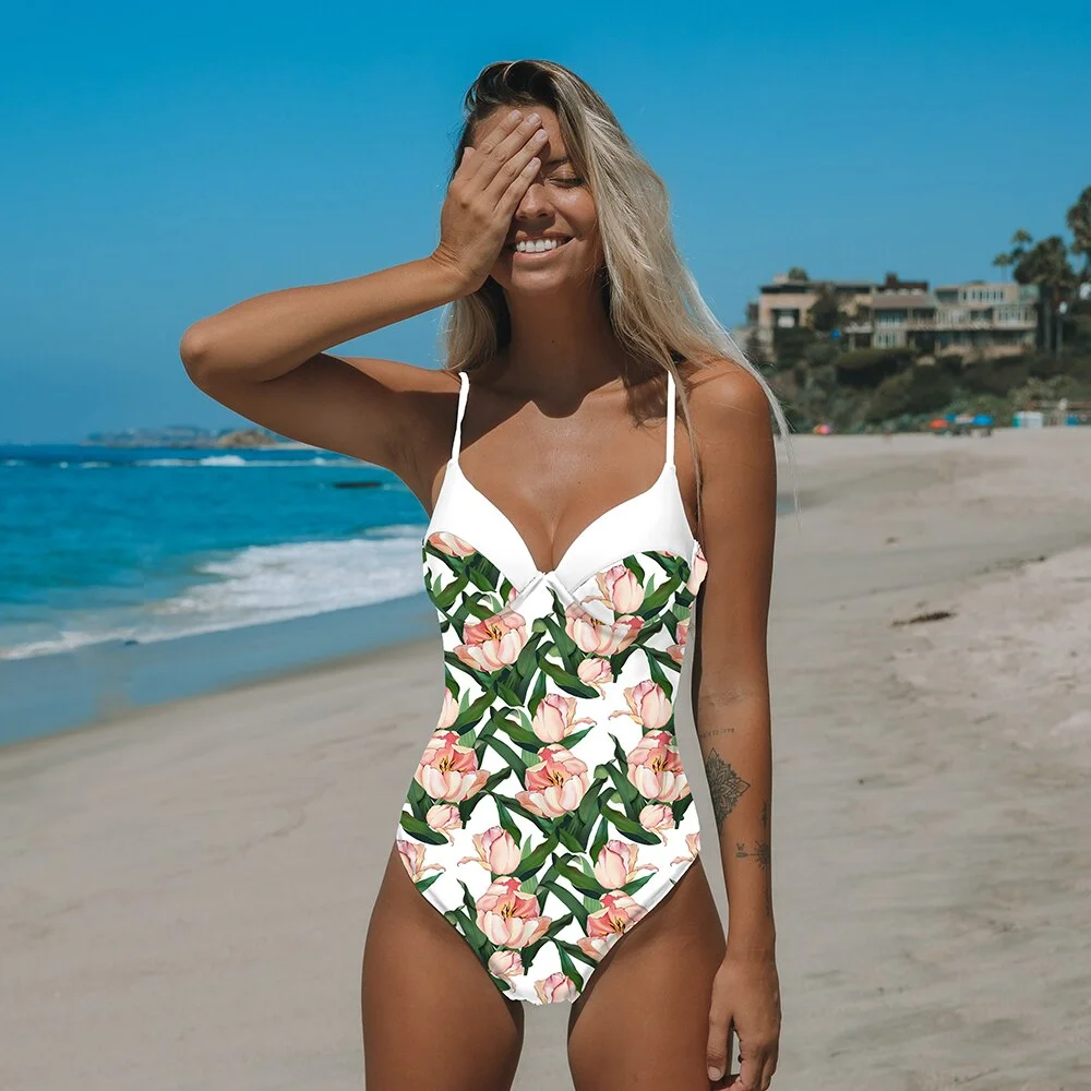 2020 New Sexy One Piece Swimsuit Female Printed Floral Halter Bandage Brazilian Swimwear Women Bathing Suits Swimming Beach Wear
