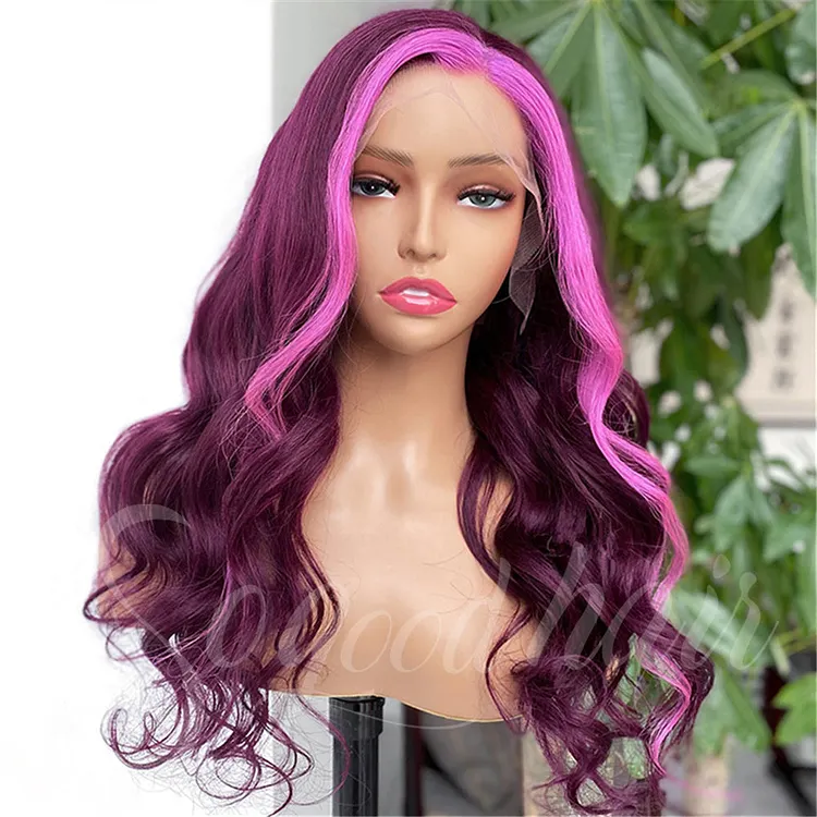 Purple Side Part Side Part Highlight Pink Purple Body Wave Transparent Lace Front Wig