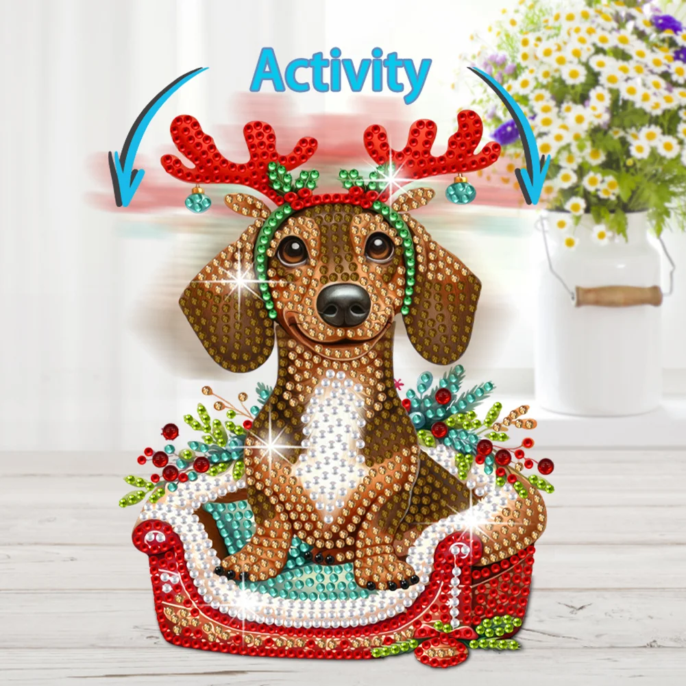 DIY Xmas Dachshund Acrylic Shaking Head Desktop Diamond Painting Art Kits for Kids
