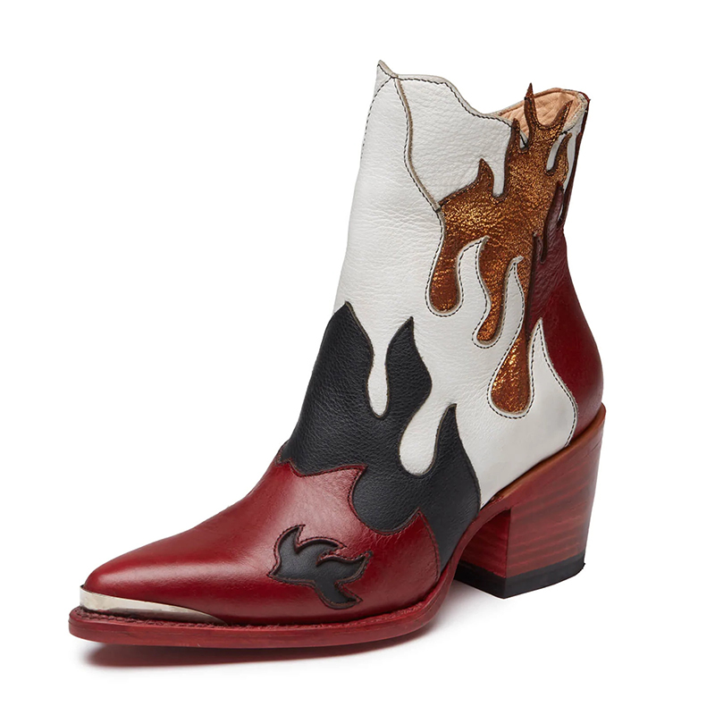 Multicolor Block Heel Booties Flame Detail Western Boots for Women