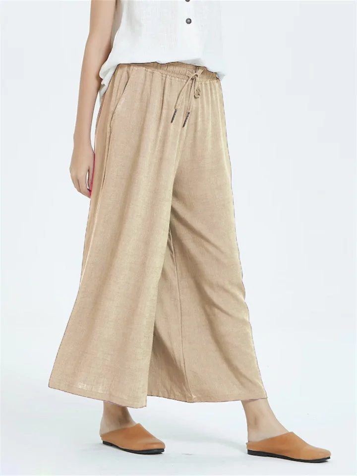 Women's Cotton Linen Loose Casual Wide Leg Cropped Pants