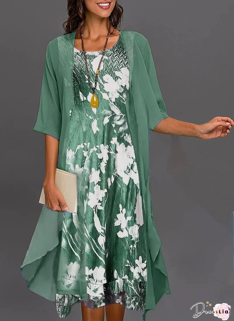 Two Piece Dress Set Casual Dress Dress Set Outdoor Daily Fashion Modern Pocket Print Midi Dress V Neck Half Sleeve Floral Regular Fit Dark Green Summer Spring S M L XL XXL for Women