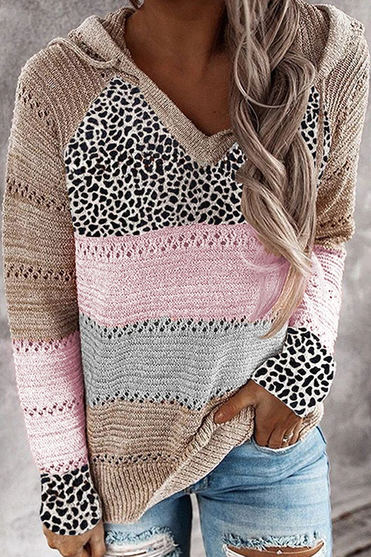 Wisherryy Fashion Hooded Leopard Stitched Knit Sweater(8 Colors)