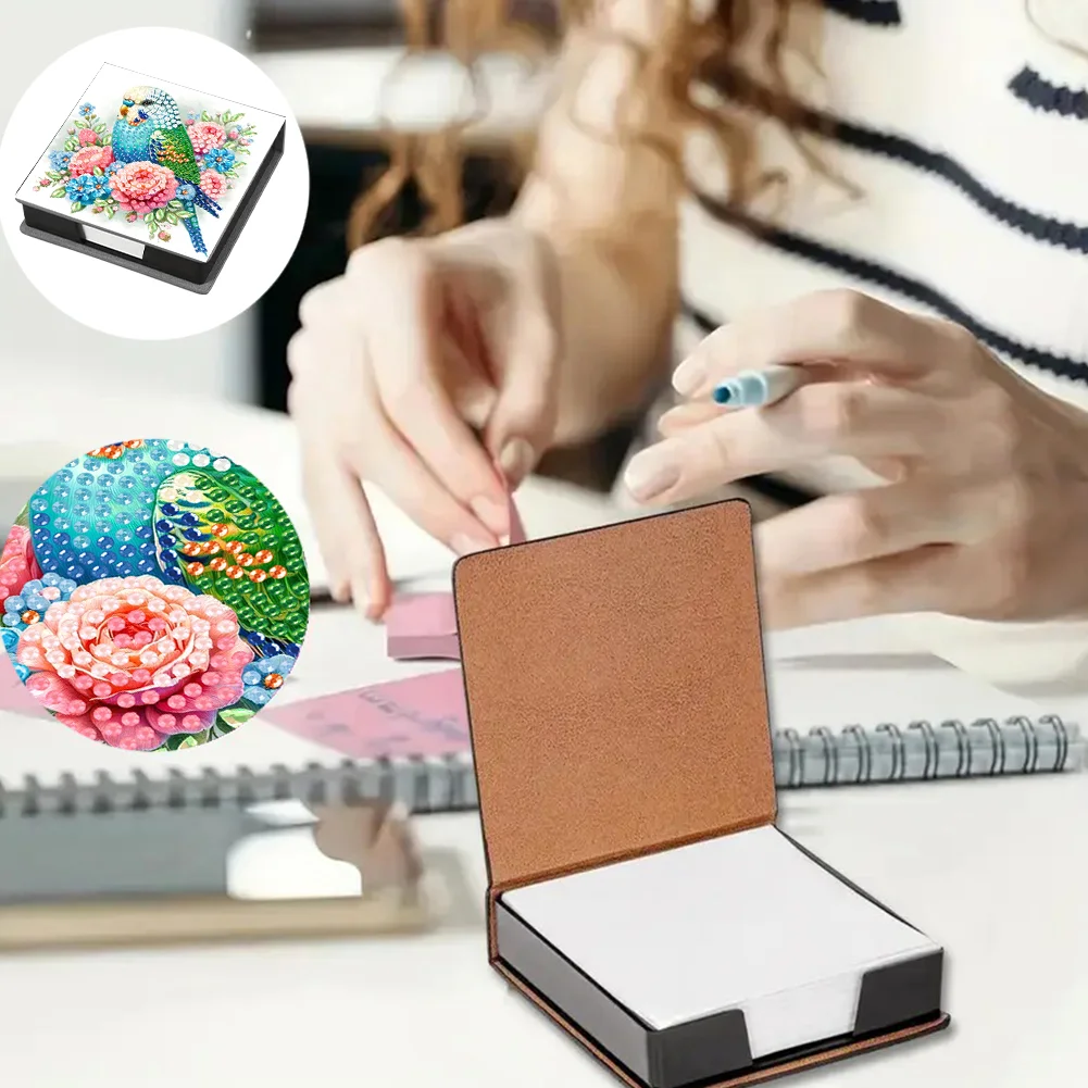 DIY Flower Parrot Leather Diamond Art Note Box with 160 Sheets of Paper for Beginners