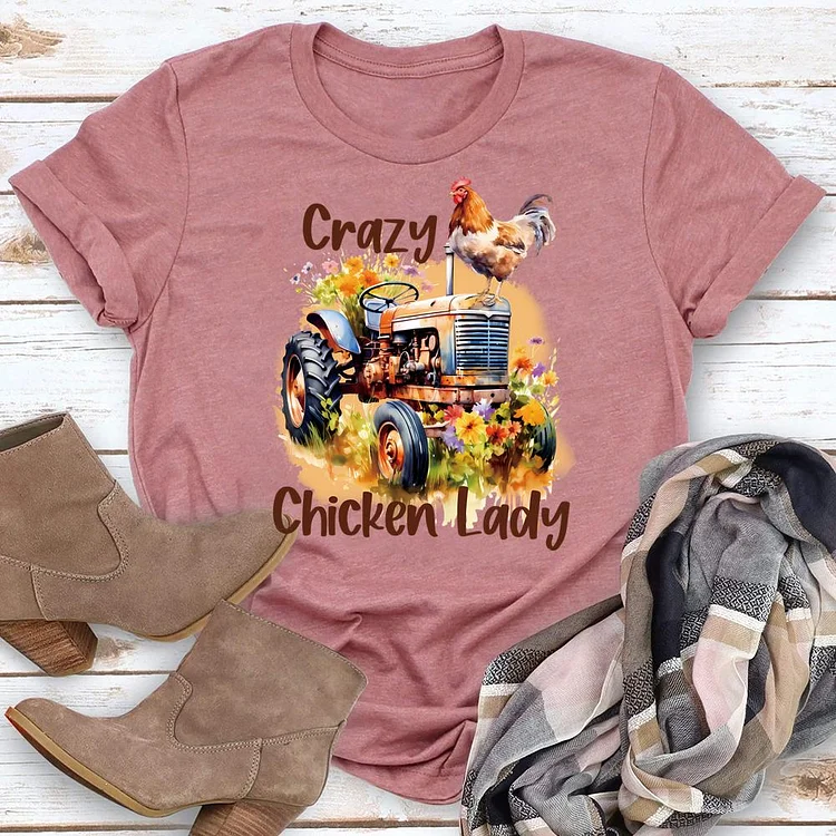 Farm Crazy Chicken Lady Round Neck T-shirt-0019129