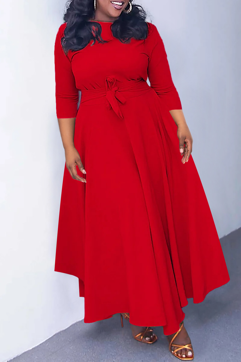 Plus Size Khaki Casual Round Neck Wrap Maxi Dress (Without Pockets)