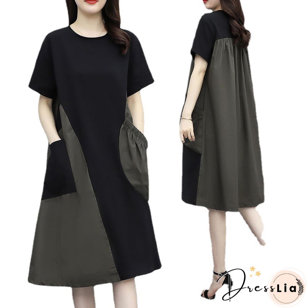 Contrast Stitching Dress In Long Large Size Loose Slim Belly Skirt