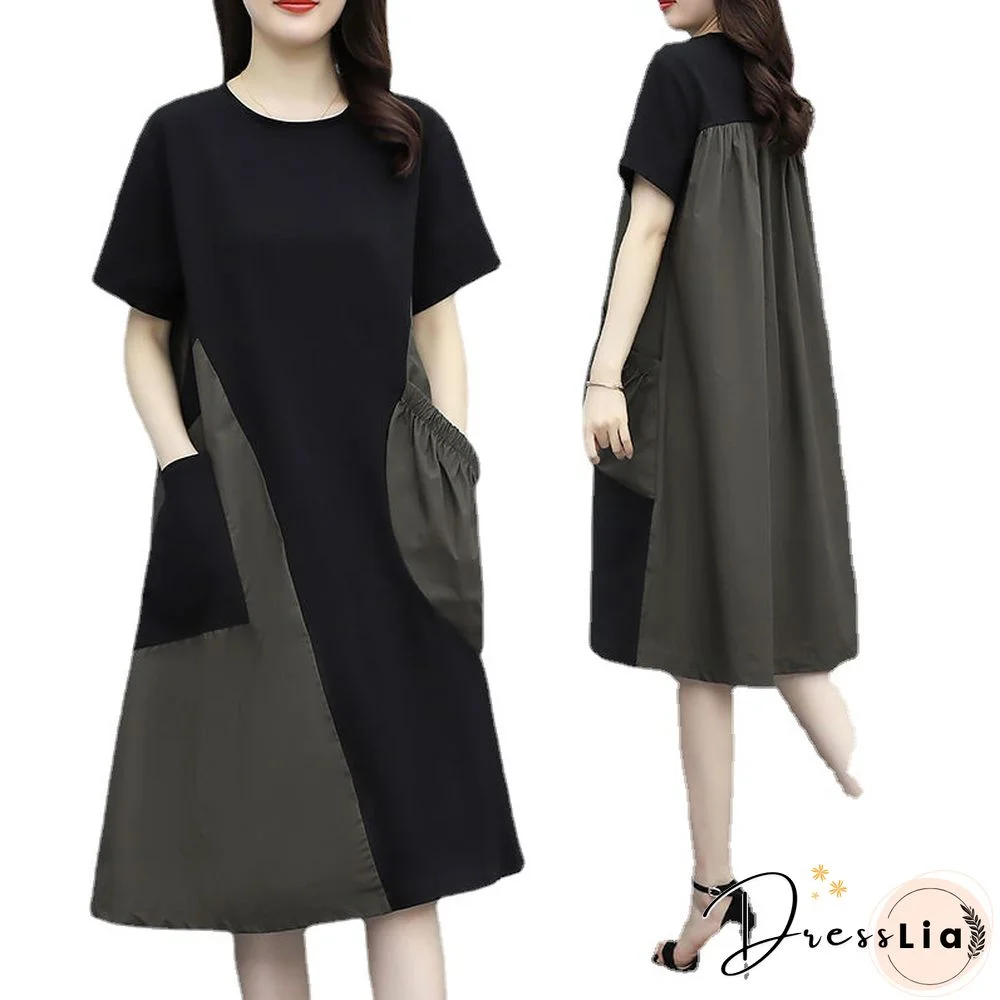 Contrast Stitching Dress In Long Large Size Loose Slim Belly Skirt