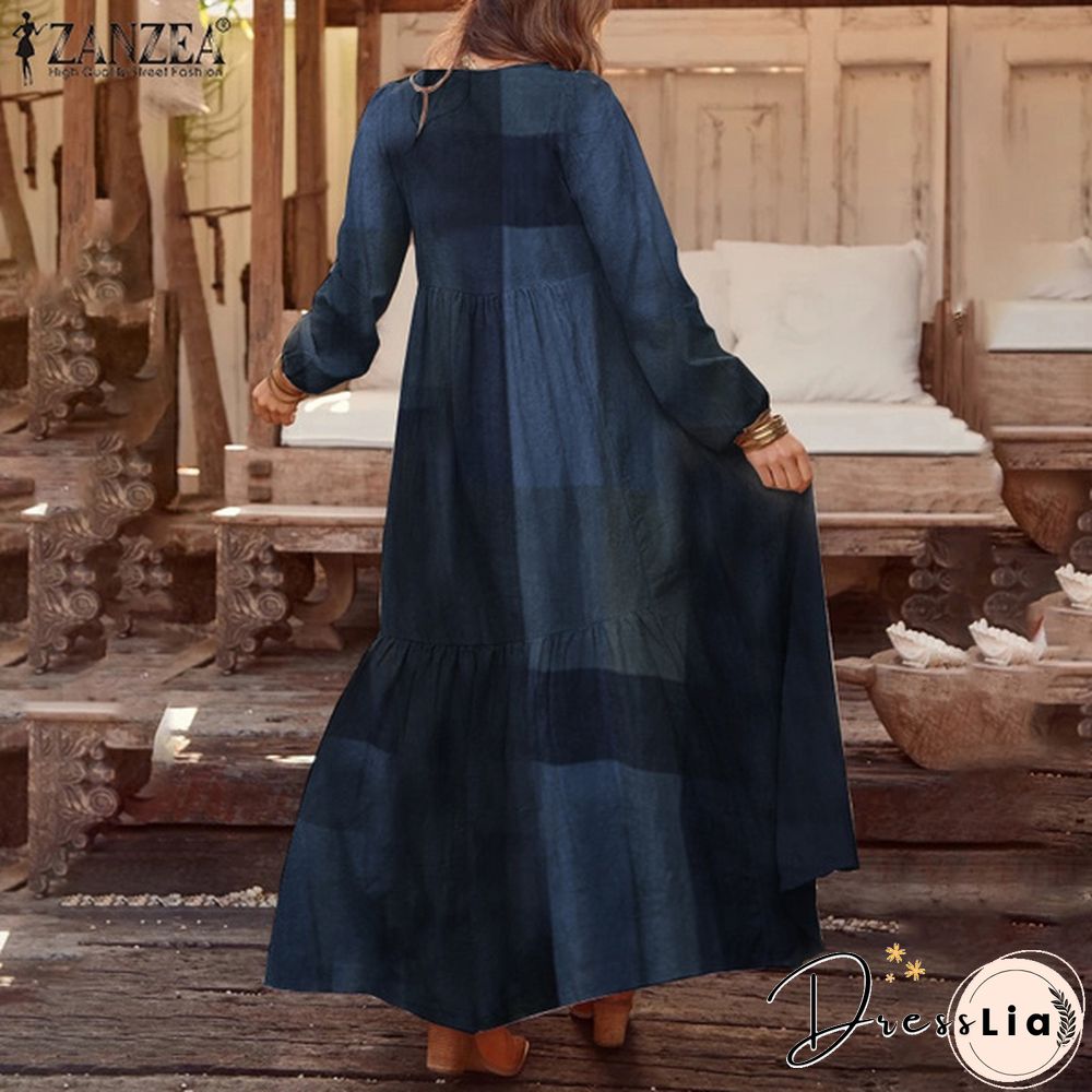 Zanzea Women Long Sleeve V-Neck Printed Kaftan Puff Sleeve Casual Loose Long Maxi Dresses Plus Size