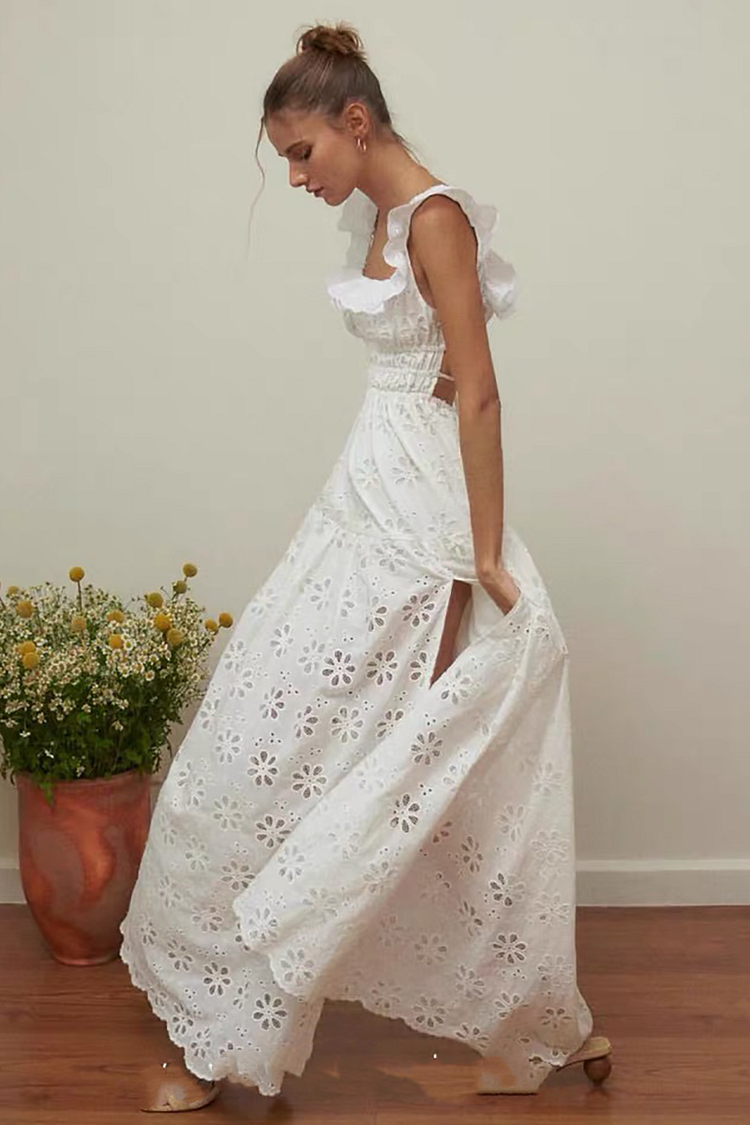 Square Neck Lace Ruffled Trim Floral Pattern A-Line Sleeveless Maxi Dresses-White