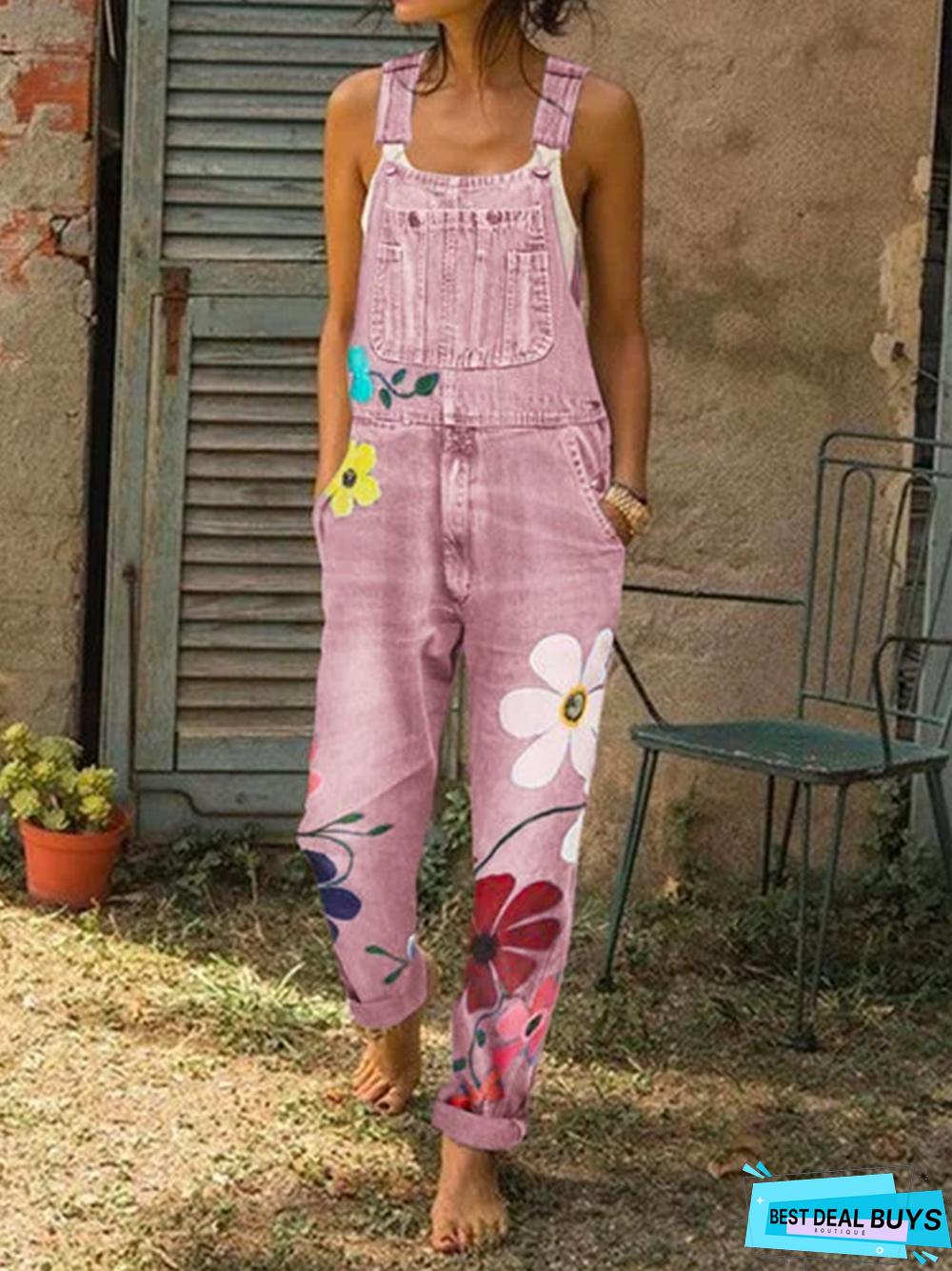 Women Sleeveless Pocket Floral-Print Denim Jumpsuits