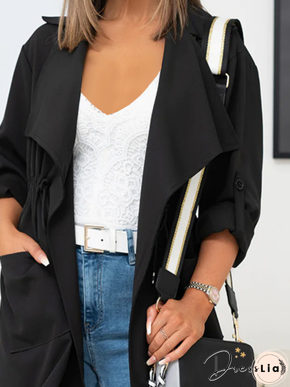 Loose Plain Casual Lapel Collar Trench Plus Size Windbreaker