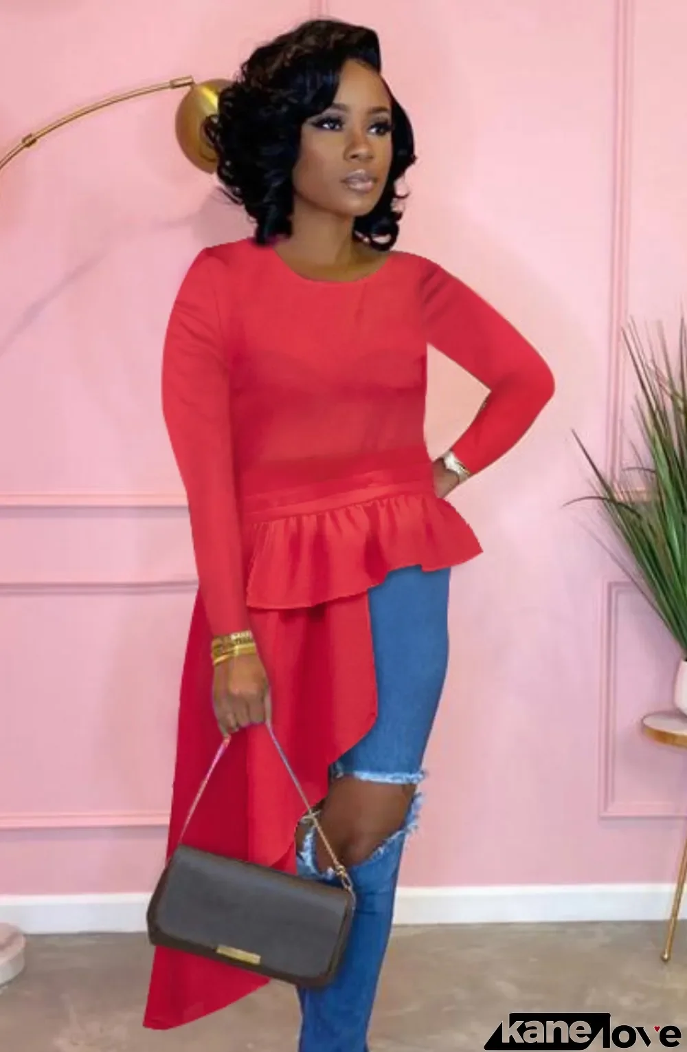 Autumn Red Ruffles Irregular Long Sleeve Top