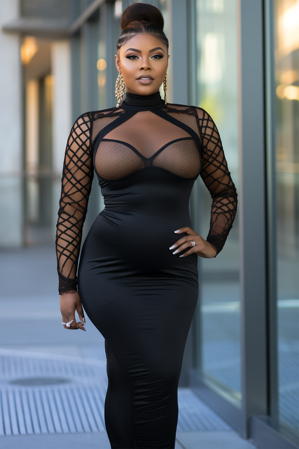 Design Plus Size Party Maxi Dresses Black Fall Winter Long Sleeve See Through Satin Maxi Dresses [Pre-Order]