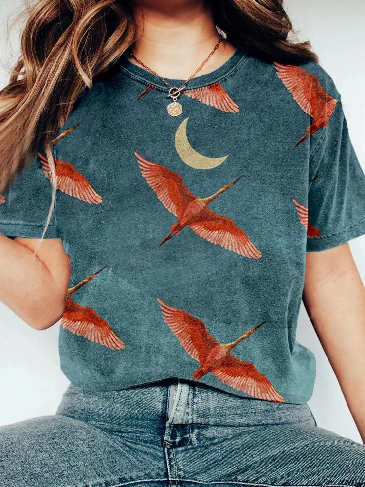 Japanese Flying Birds and Moon Art Vintage Washed T Shirt
