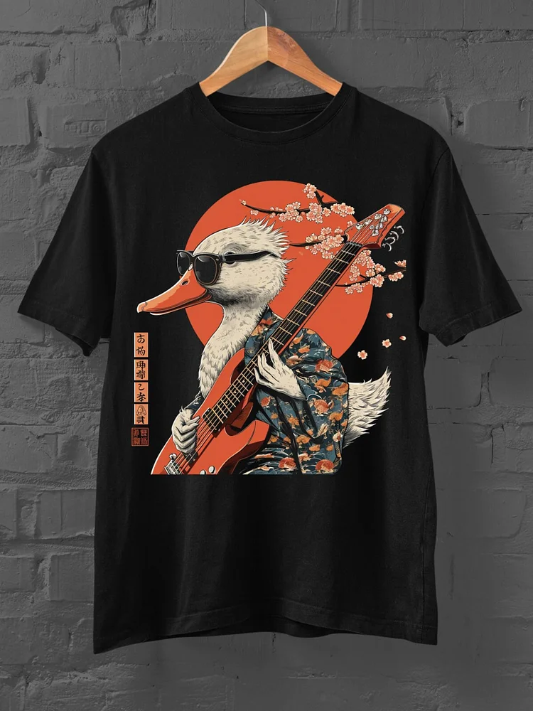 Men's Japanese Kimono Duck Guitar Cherry Blossom Print Cotton Casual T-Shirt