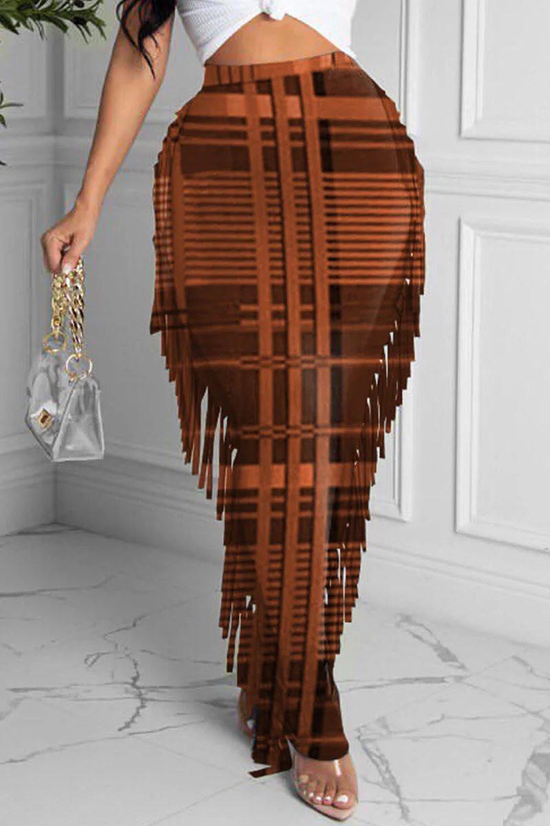 Fashion Casual Plaid Print Tassel Regular High Waist Skirt