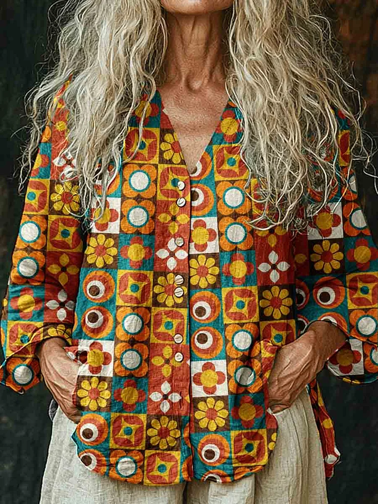 Women's Retro Floral Pattern Long Sleeve Comfortable Cotton And Linen Shirt
