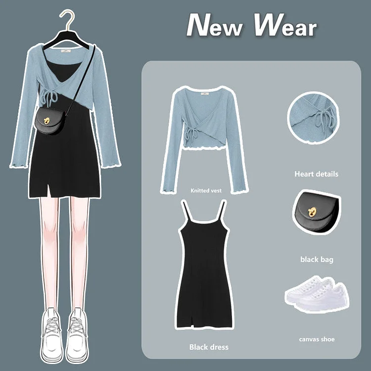 Korean Fashion Chic Clothing Blue Top and Black Suspender skirt 2 pcs Set SP16382