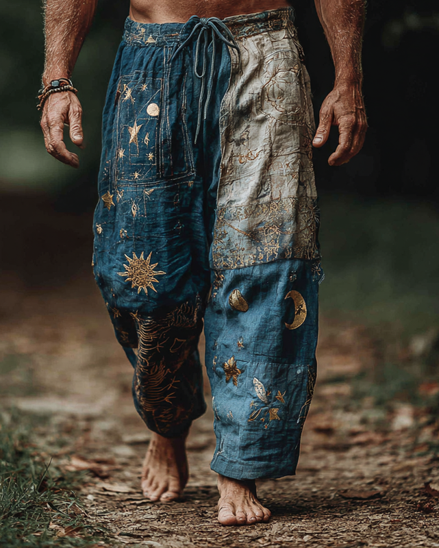 Men's Casual Star and Moon 3D Embroidered Linen Pants 7bdb