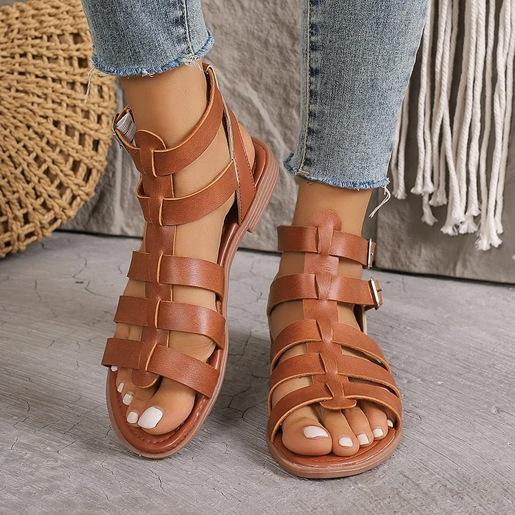 Summer Hollow Woven Thick Heel Non-Slip Sand Roman Shoes  Stunahome.com