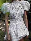 Crochet Hollow Puff Sleeves Mini Dresses