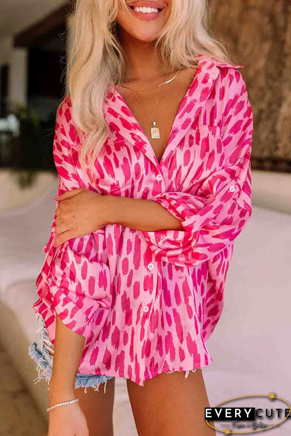 Pink Printed Roll Tab Sleeve Button Up Shirt